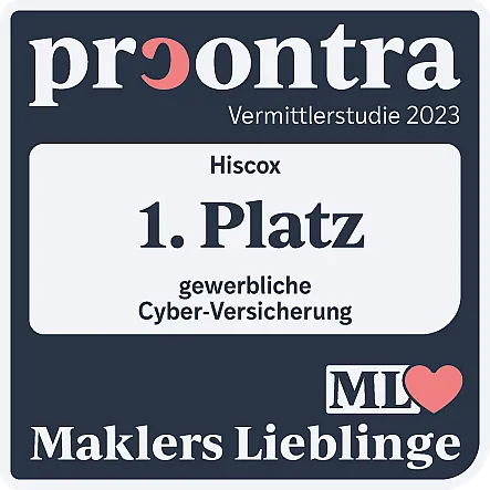 Abzeichen oder Auszeichnung mit der Aufschrift: ‚procontra Vermittlerstudie 2023 – Hiscox – 1. Platz – gewerbliche Cyber-Versicherung – Maklers Lieblinge‘.