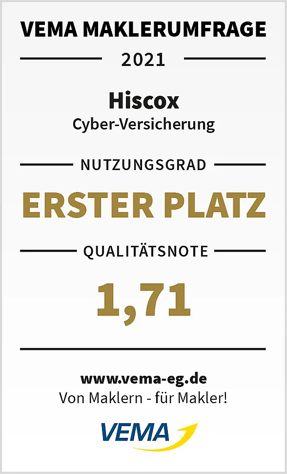 Zertifikat oder Auszeichnung mit der Aufschrift: ‚VEMA MAKLERUMFRAGE 2021 – Hiscox Cyber-Versicherung – NUTZUNGSGRAD ERSTER PLATZ – QUALITÄTSNOTE 1,71 –