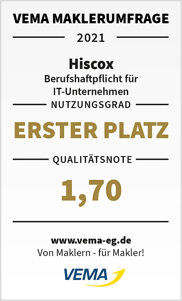 Zertifikat oder Auszeichnung der VEMA Maklerumfrage 2021: Hiscox erhält den Ersten Platz für Berufshaftpflicht für IT-Unternehmen mit einem Nutzungsgrad und einer Qualitätsnote von 1,70. 