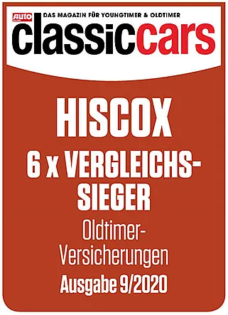 Titelseite des Siegels ‚Auto Classic Cars‘ mit rotem Hintergrund. Darauf steht: ‚HISCOX – 6 x VERGLEICHS-SIEGER – Oldtimer-Versicherungen