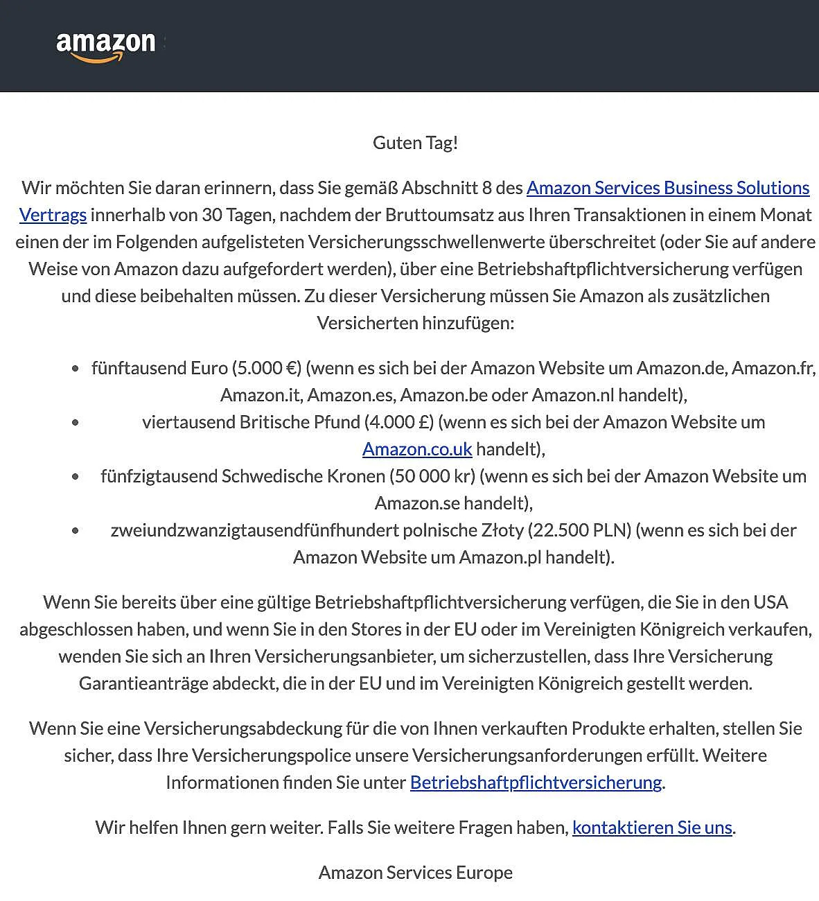 Mail von Amazon im Juli 2024 bezüglich der Versicherungspflicht von Amazon Händlern und Shops