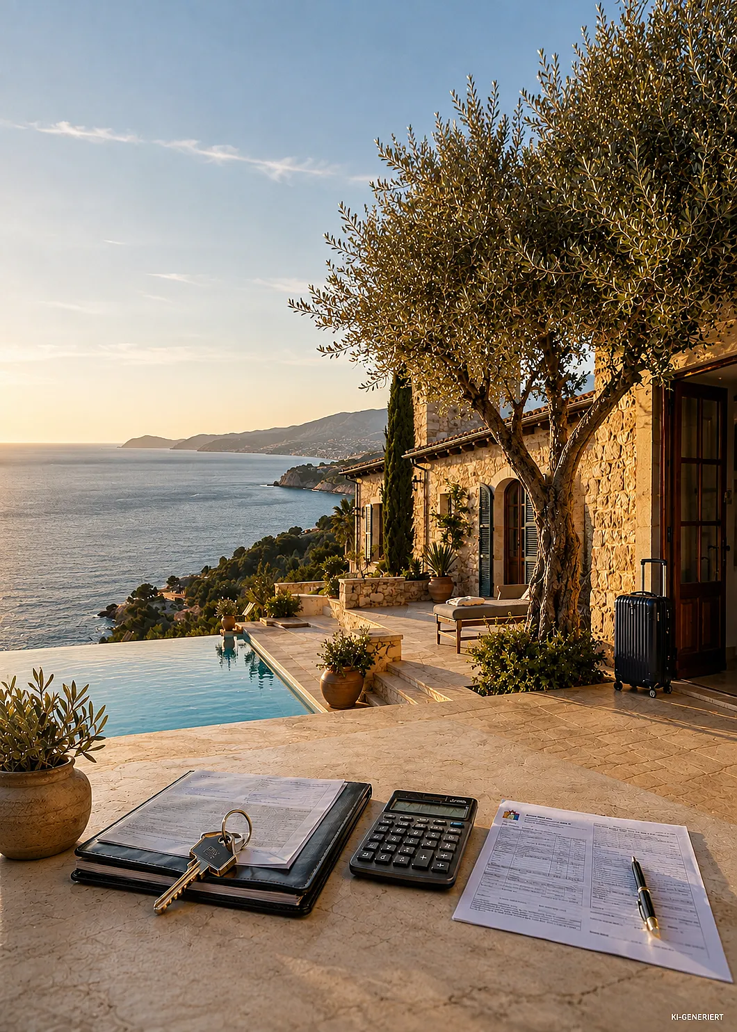 Im Vordergrund liegen ein Taschenrechner, ein Schlüsselbund, ein Klemmbrett mit Dokumenten und ein Formular auf einem Steintisch. Dahinter erstreckt sich eine Terrasse mit einem Infinity-Pool, der direkt an eine Natursteinvilla grenzt. 