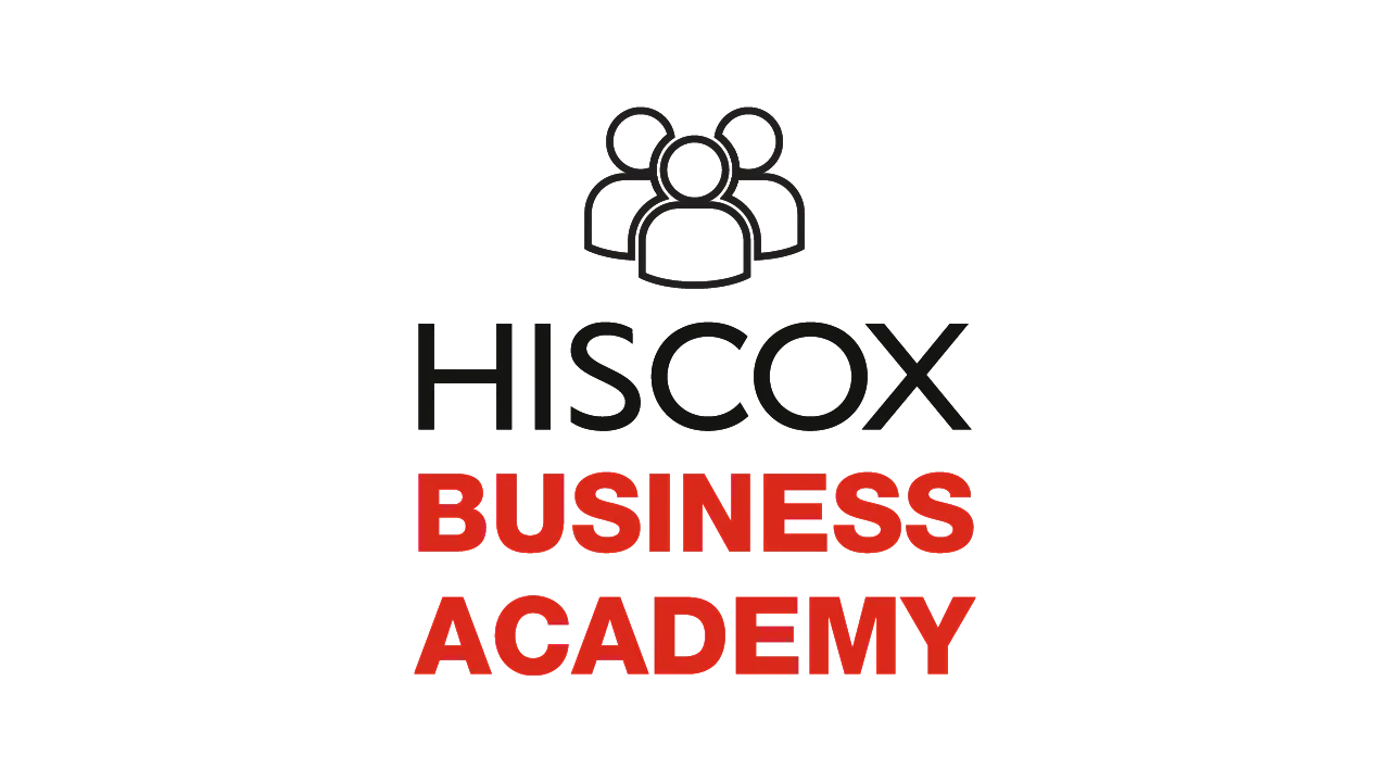 Logo der Hiscox Business Academy mit stilisierten Figuren und dem Schriftzug "Hiscox Business Academy" in schwarzer und roter Schrift