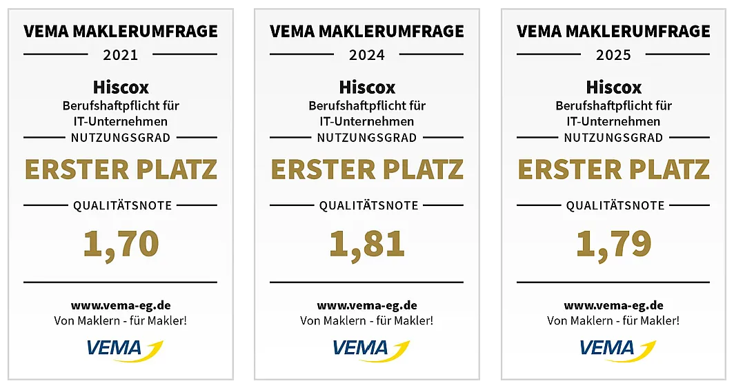 Drei Siegel des Makler-Fachverbands Vema aus den Jahren 2021, 2025 und 2025 zeigen, dass die IT-Haftpflicht von Hiscox als beste Lösung ausgezeichnet wurde.