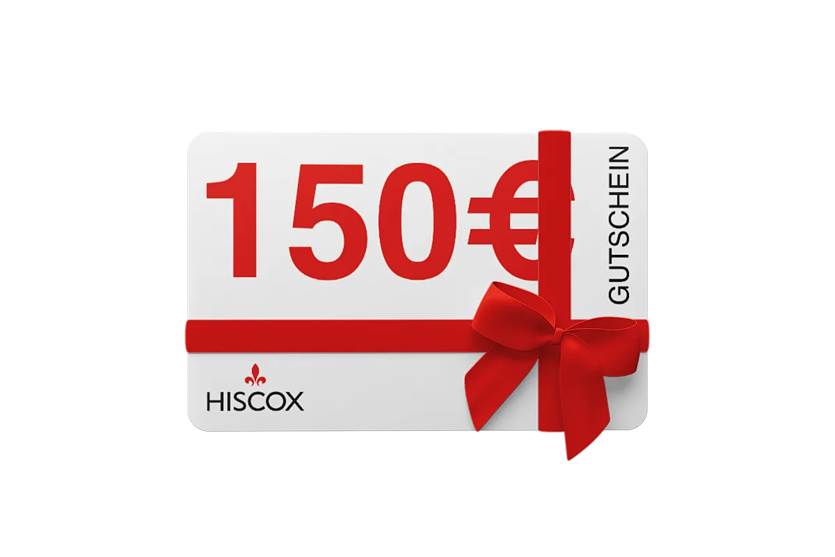 Eine Geschenkkarte im Wert von 150 Euro, dekoriert mit einem roten Band und einer Schleife auf der rechten Seite. Das Wort "GUTSCHEIN" steht vertikal am rechten Rand der Karte.