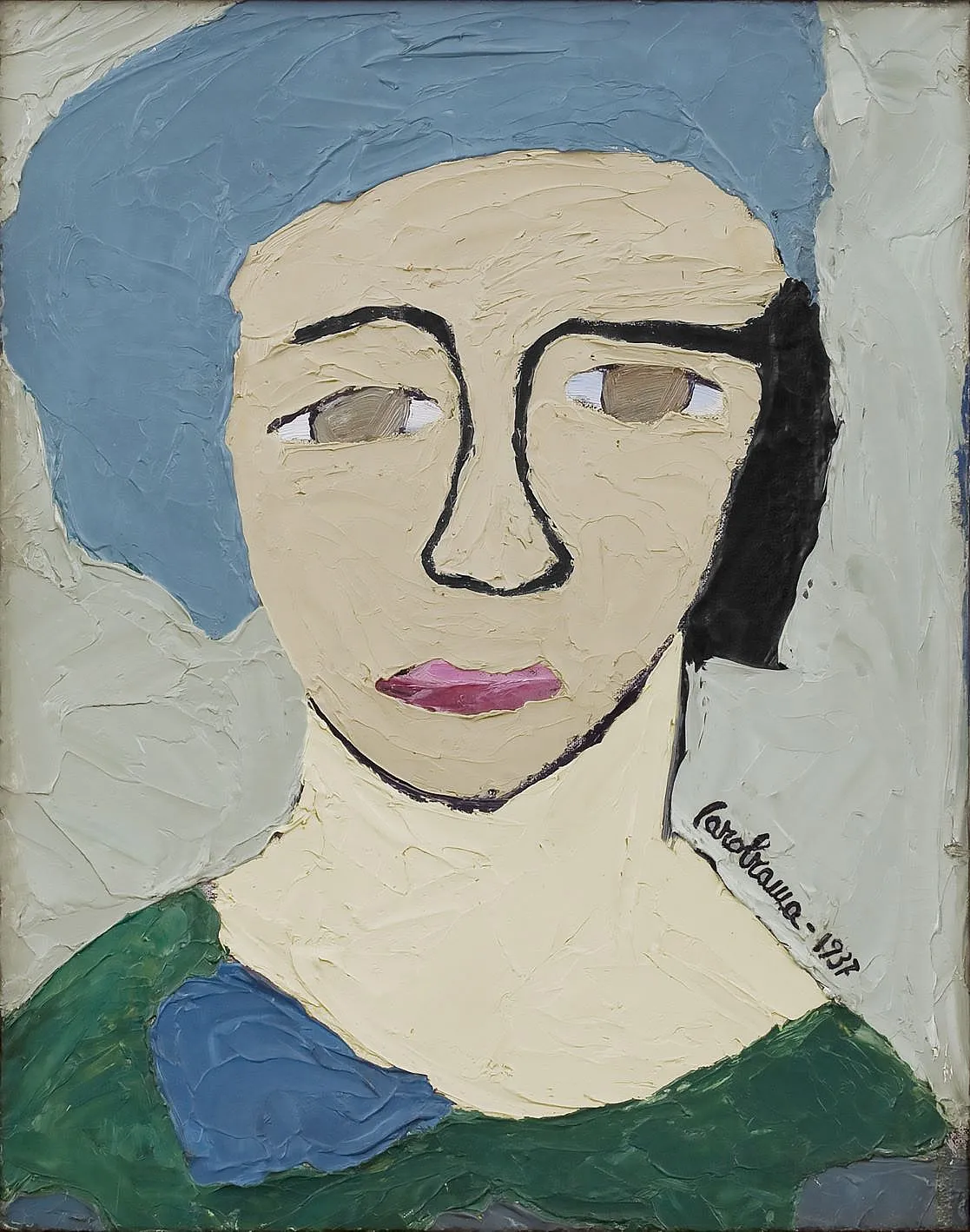 Carol Rama, Senza titolo (Autoritratto) (Ohne Titel [Selbstbildnis]), 1937, Öl auf Leinwand auf Holz, 35 x 29 cm, Ursula Hauser Collection, Switzerland, © Archivio Carol Rama, Torino, Foto: Archiv Ursula Hauser Collection