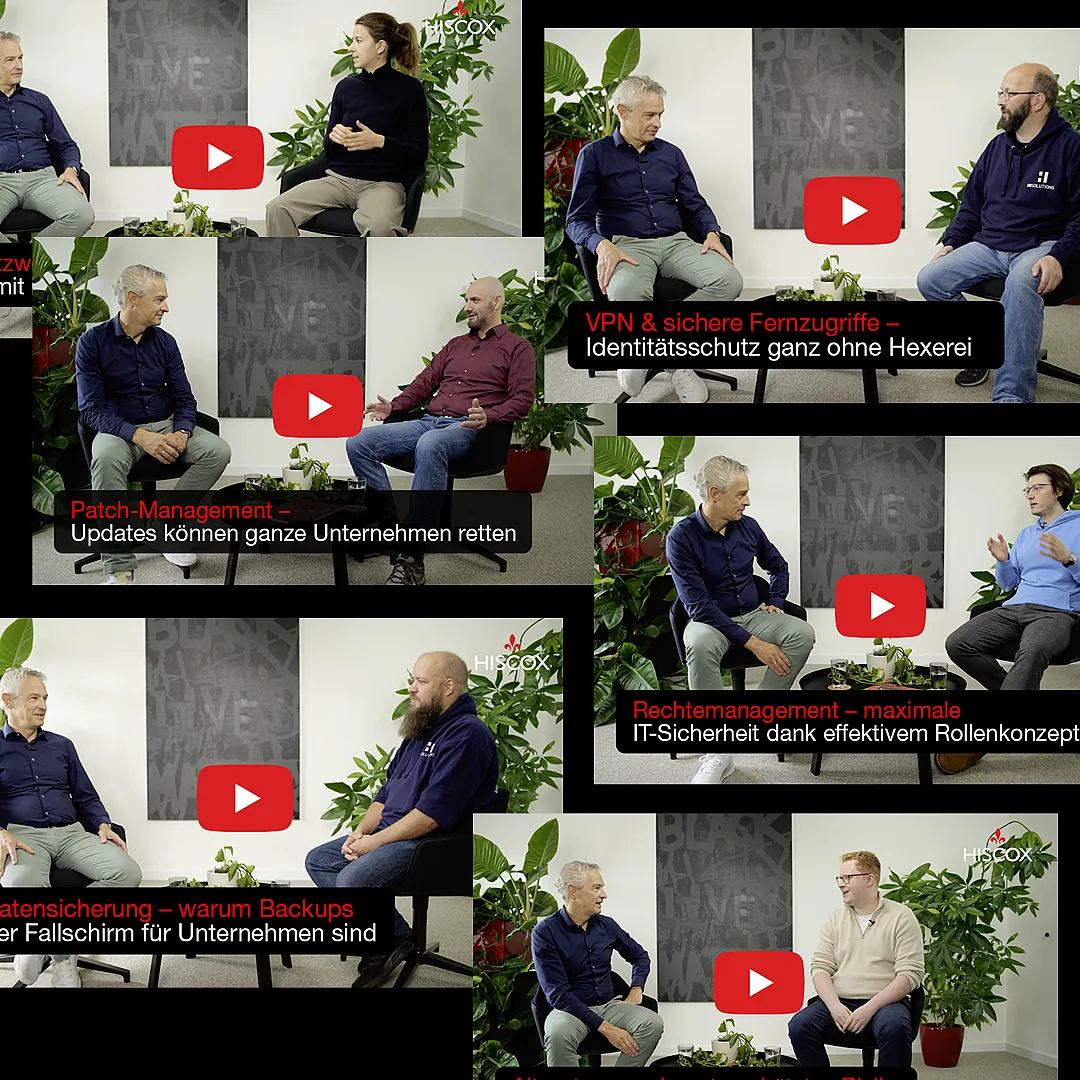 Die Grafik zeigt Ausschnitte aus den Hiscox Cyber-Expertenvideos mit HiSolutions