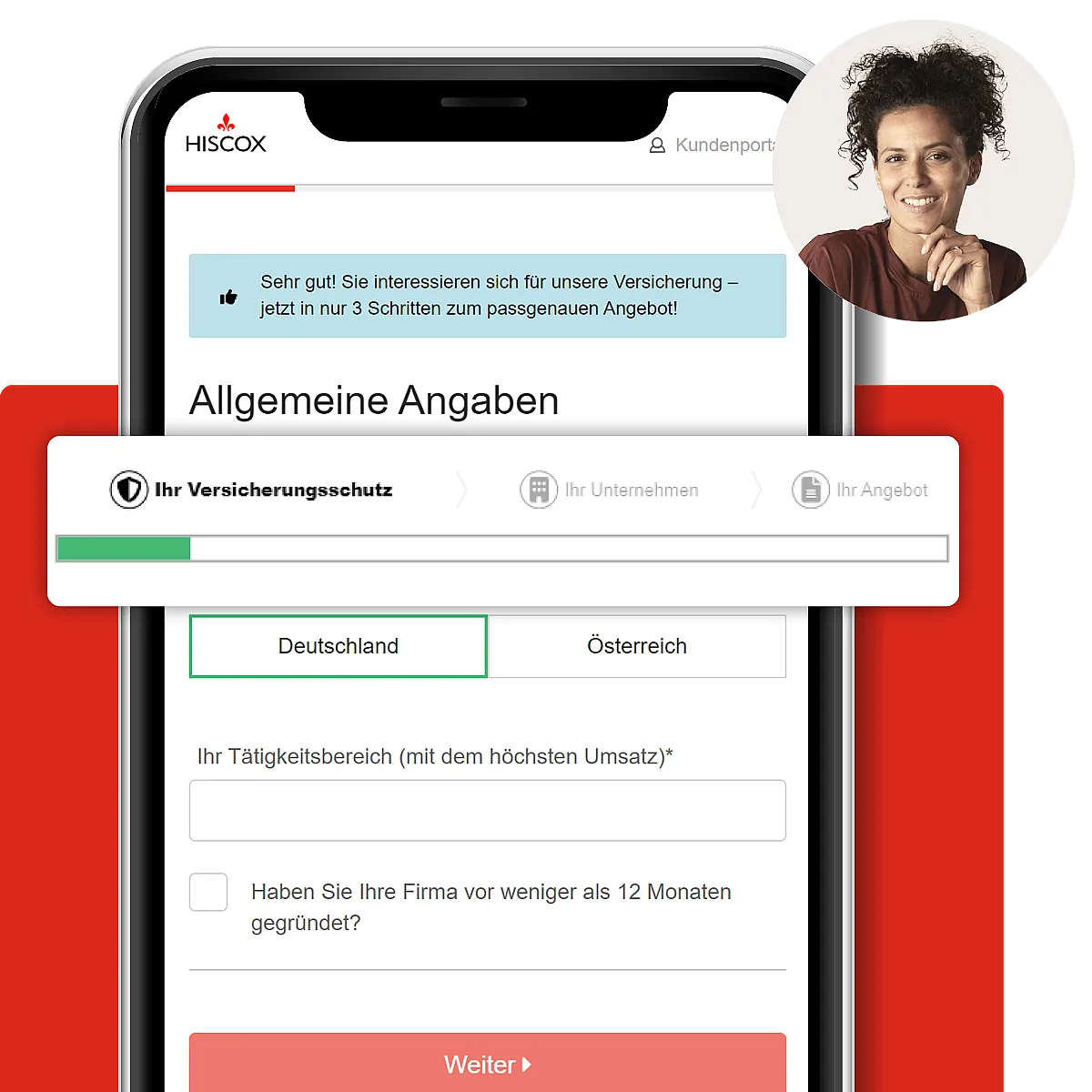 Smartphone zeigt Hiscox-Webseite mit Formular zur Versicherungsanfrage; Text auf Deutsch, roter ‚Weiter‘-Button und Auswahlfelder für Unternehmensangaben sichtbar.